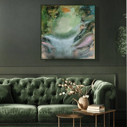 fairy tale painting, sagolik tavla. grön tavla. tavla med rådjur, abstrakt tavla, grön interiör. grön soffa.