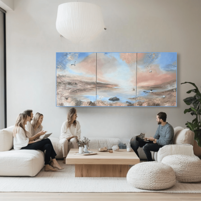 Handmålad tavla – Triptyk med kustlandskap och bladguld Ge ditt hem en harmonisk känsla med denna handmålade tavla i triptyk. Ett drömskt kustlandskap i mjuka pasteller kombineras med bladguld, vilket ger målningen ett elegant och lyxigt uttryck. Inspirerad av skandinavisk konst, passar denna tavla perfekt i både moderna och klassiska hem. Varje detalj är noggrant målad för att skapa djup och en känsla av lugn. Perfekt för vardagsrum, sovrum eller kontor. Denna unika konstverk är skapad med akryl på canvas och har en strukturerad yta som reflekterar ljuset vackert. Beställ idag och låt konsten ge ditt hem en tidlös skönhet.